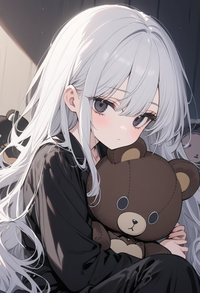 Girl, long hair, White hair ,black inner hair, black eyes, black pajamas, black eyes, bear doll