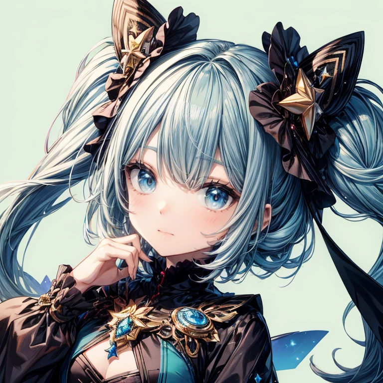 1girginal cute hairstyle、Star Fairy、Star incarnation、Character design front view、A picture facing the viewer、(((Super detailed、Highest quality、Masterpiece)))、Original cute hairstyle、Milky white and blue hair color、Simple Green Background、vtuber-fullbody,