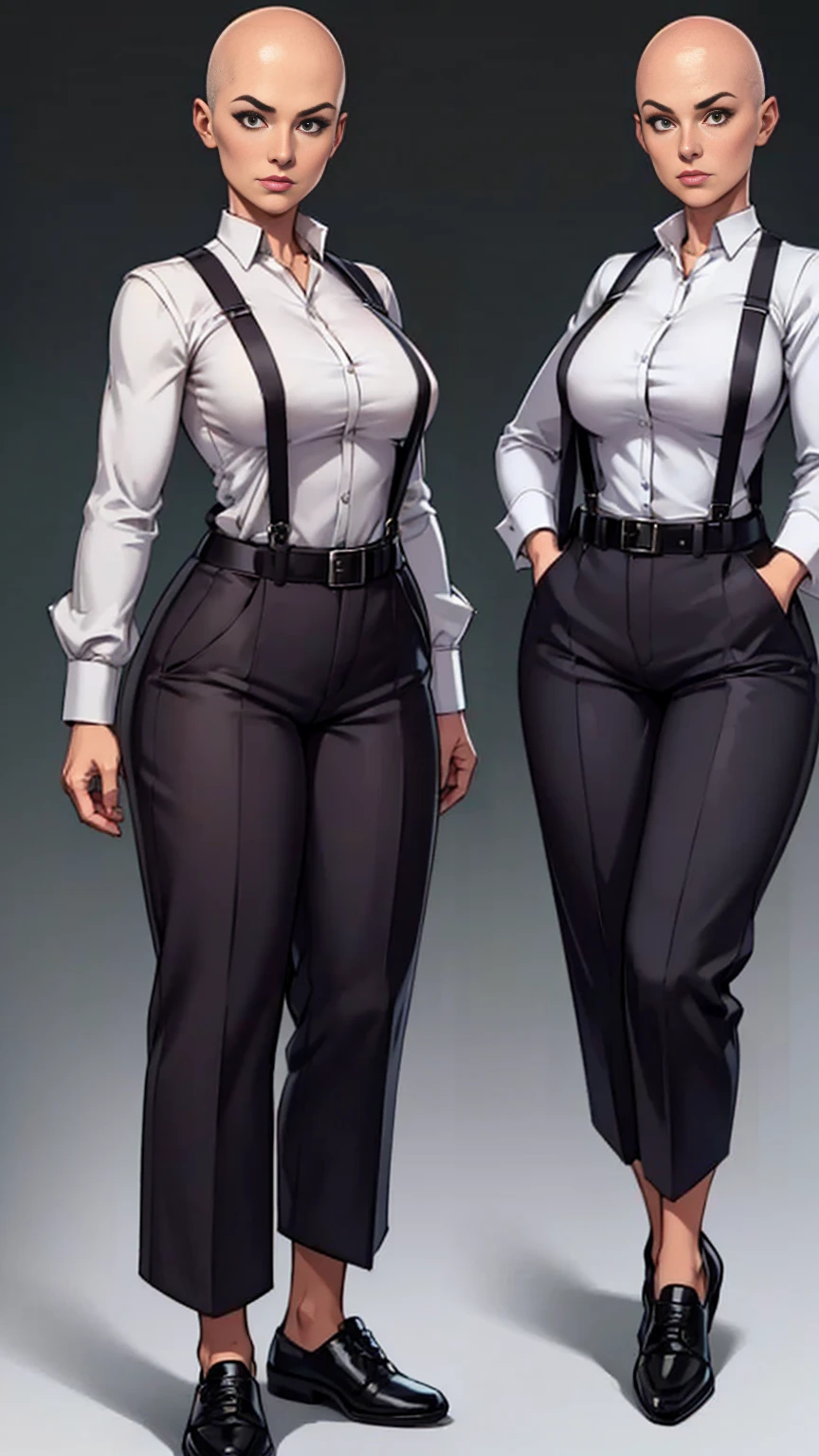 igital art, highly detailed, reference sheet, standing pose, feminine features, mature woman, adult female, whole body, bald, form-fitting, business outfit, long coat, cropped shirt, suspenders, belt, baggy pants, shoes 1woman, solo, upper body, lower body, ((Extremely Detailed)), ((Best Quality)), ((Masterpiece)), ((4k)).
