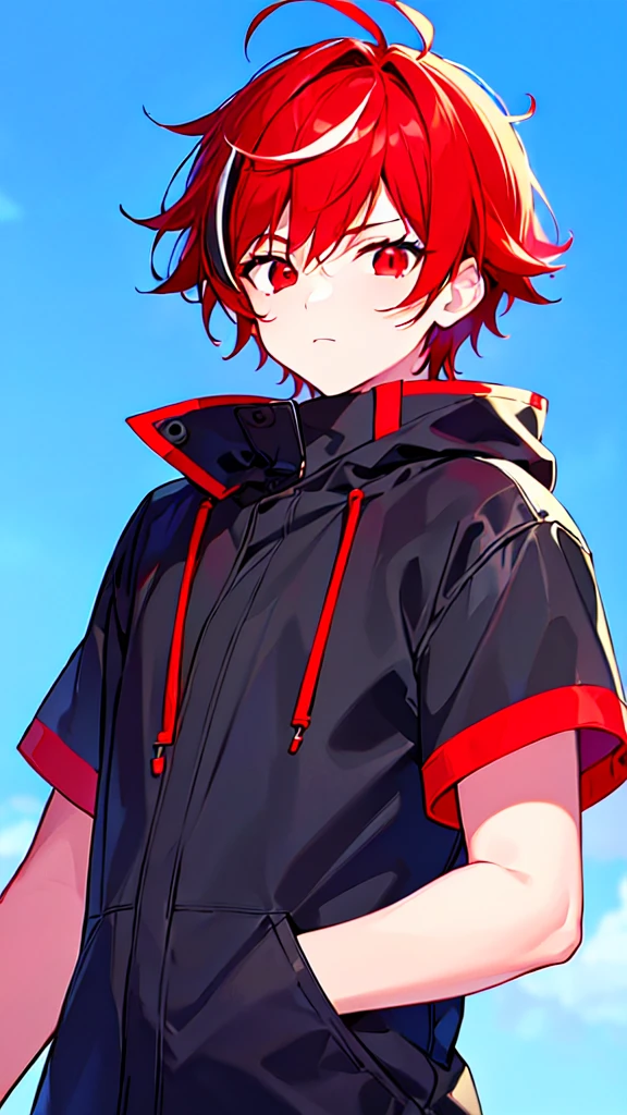 [(BLUE BACKGROUND:1.5),::5], ((((masterpiece)))), high quality, ultra very high resolution, full color, (((solo))), ((little boy)), ((Red hair)), (Black streaked hair), (oriental Red eyes), anime, ((upper body)), Summer clothes, neon light, black parka, 