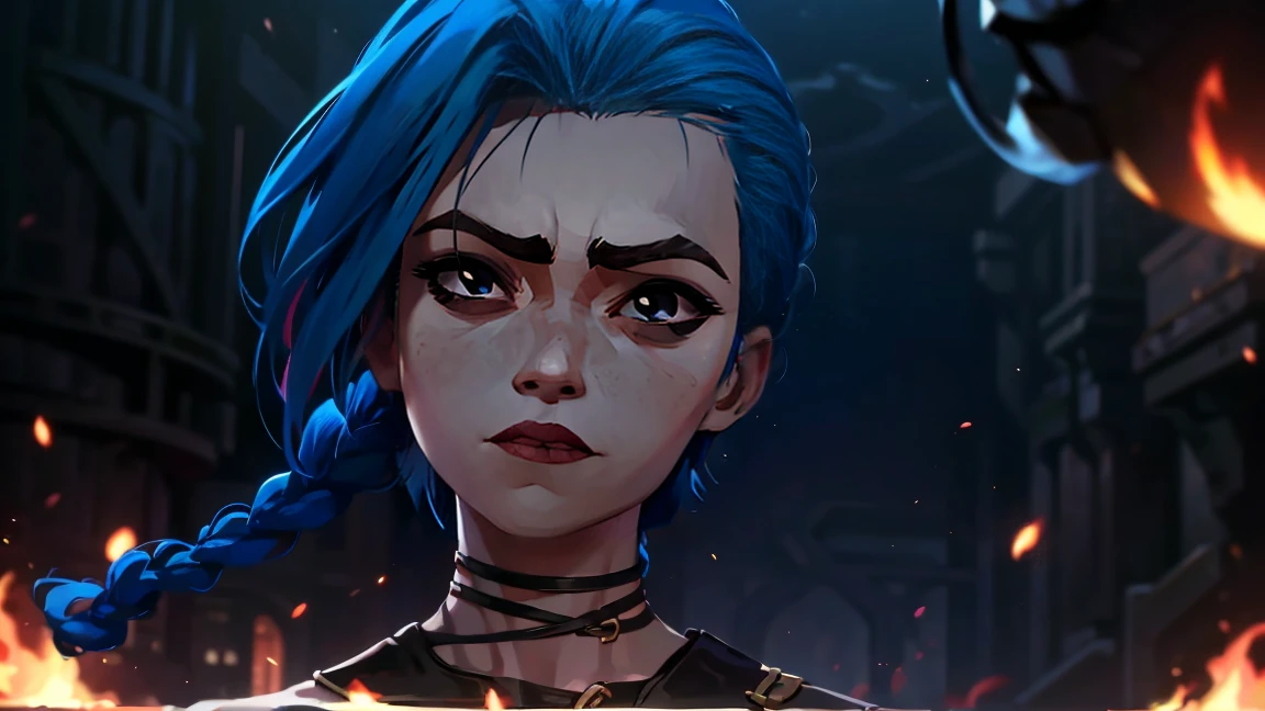 (masterpiece, Best quality), 1 girl, portrait very detailed face,, very sexy, crazy look, smile, crying, pink tears, tears on the cheeks, tears from eyes, full length (full body 1.1.), очень feminine, fighting stance, battle, fire, explosions, burning city, Beautiful waist, gloomy composition, flame, fire, Flash, very beautiful, feminine, long hair, hair braided in long braids, very sexy, tight leather pants, emphasis on the eyes, emphasis on the face, Beautiful face, hands, hair, haired ponytail, red purple eyes, Джинкс crying, Blue cloud tattoo, (masterpiece, Best quality), Side lighting, beautiful detailed eyes, crazy face), (Best quality), (masterpiece), magic photography, Spectacular lighting, photorealism, ultra detailed, intimate portrait composition, 1. 4,8 K UHD, aesthetic, Cd., a high resolution, 8 K, Better lighting, Best shade, Ultra-HD, a high resolution, Sharp Focus, Complex background, cinematic lighting, ((Landscape view)), 4K block, (Better lighting), ((cinematic lighting)),