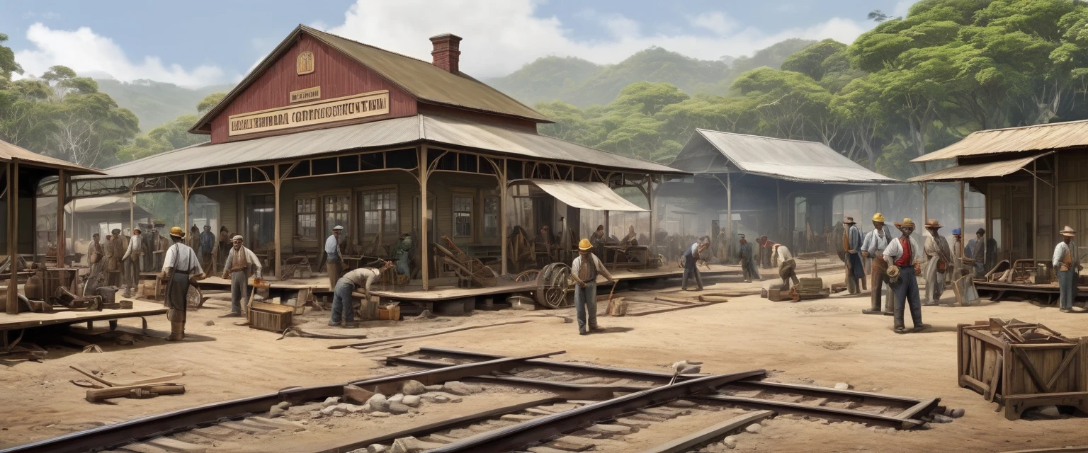Create a realistic image of a gathering area for railway construction workers in 1890 near the Tapah Road station. Show tools and supplies scattered around, partially constructed railway tracks, and colonial-era buildings in the background. Use clear, realistic colors with no people present. The style should resemble historical photographs with sharp details.
