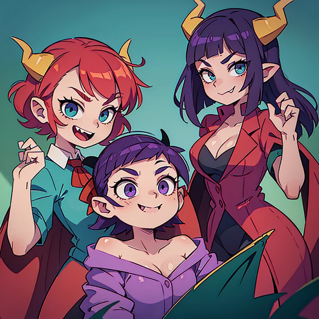 ((Two devil horns on his head))、Purple hair、short hair、Blue-green eyes、Cool smile、Red cape and vampire outfit、whole body、Icon image