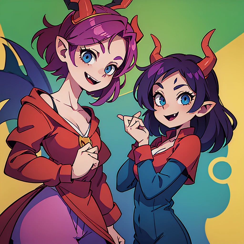 ((Two devil horns on his head))、Purple hair、short hair、Blue-green eyes、Cool smile、Red cape and vampire outfit、whole body、Icon image