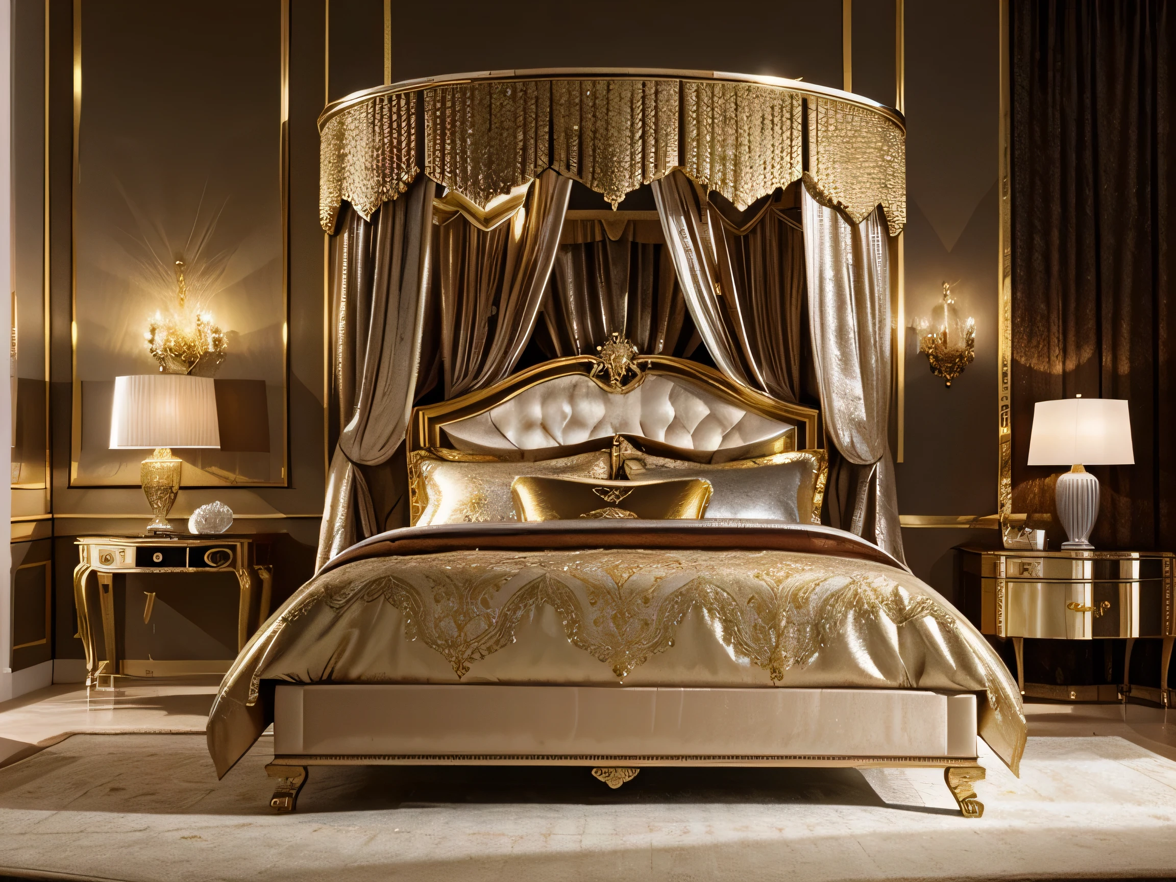 A luxurious bed romm, opulent background with rich textures and colors, gold or silver accents, and a sense of exclusivity, fitting for high-end luxury products.