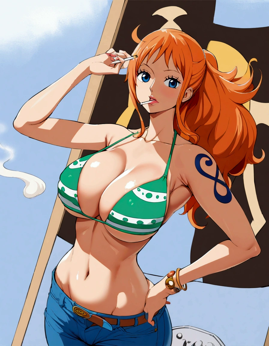 a cartoon picture of a woman in a bikini top and jeans, nami one piece, nami from one piece, nami, beautiful portrait of nami, from one piece, oppai, blue eyes, smoking, ponytail, nsfw