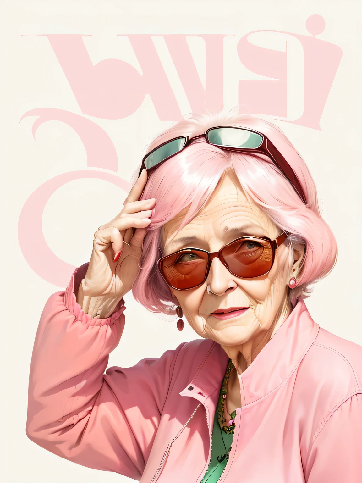 illustration of an Old woman in sunglasses and a pink jacket, Woman wearing rose-colored glasses, old lady, an old lady, author:Hugh Hughes, Digital drawing, Old woman, Older women, old man look, author:Miloslava Sviridova, Older women, Created by experienced artists, author:Hazel Armour, Draw with photoshop, an old lady with red skin