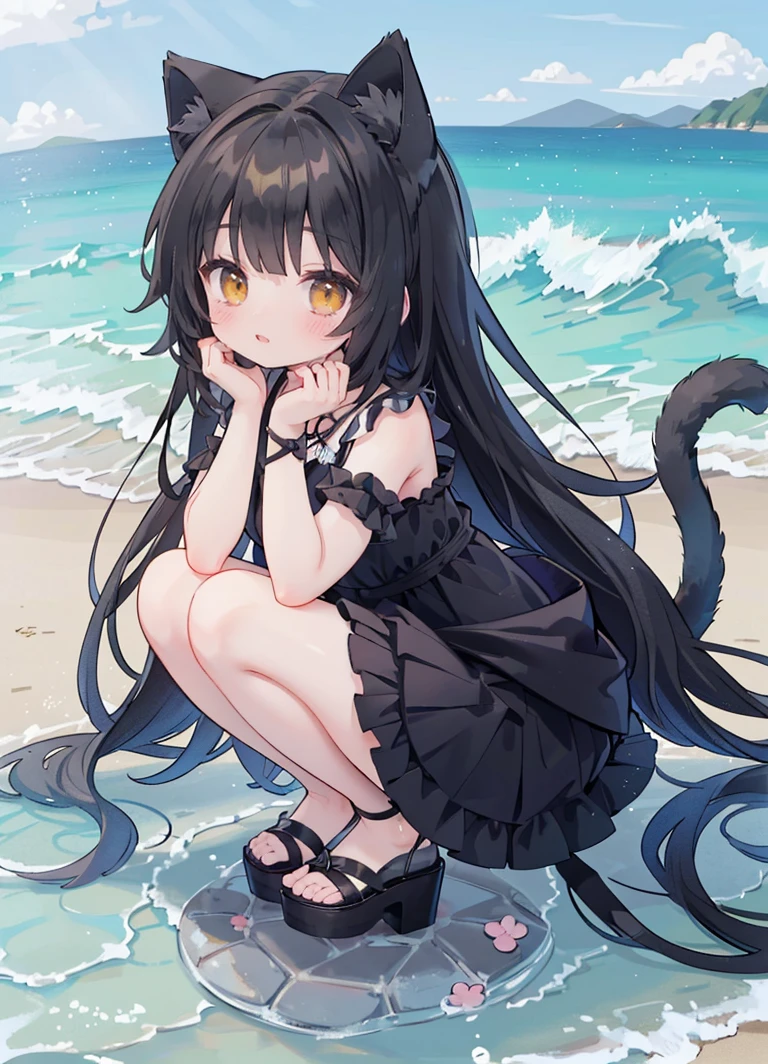 Anime girl sitting on the beach with cat ears erect，seductive anime girl，Have black hair，Yellow eyes，，Beautiful anime girl，Cute anime girl，Anime cute art style，Cute anime waifu wearing black clothes，Black mini skirt，Very Beautiful anime cat girl，At the beach，Beautiful anime girl，Beautiful anime，Beautiful anime cat girl，Charming anime girl，have beautiful legs，Wearing black strappy high heels，wariza