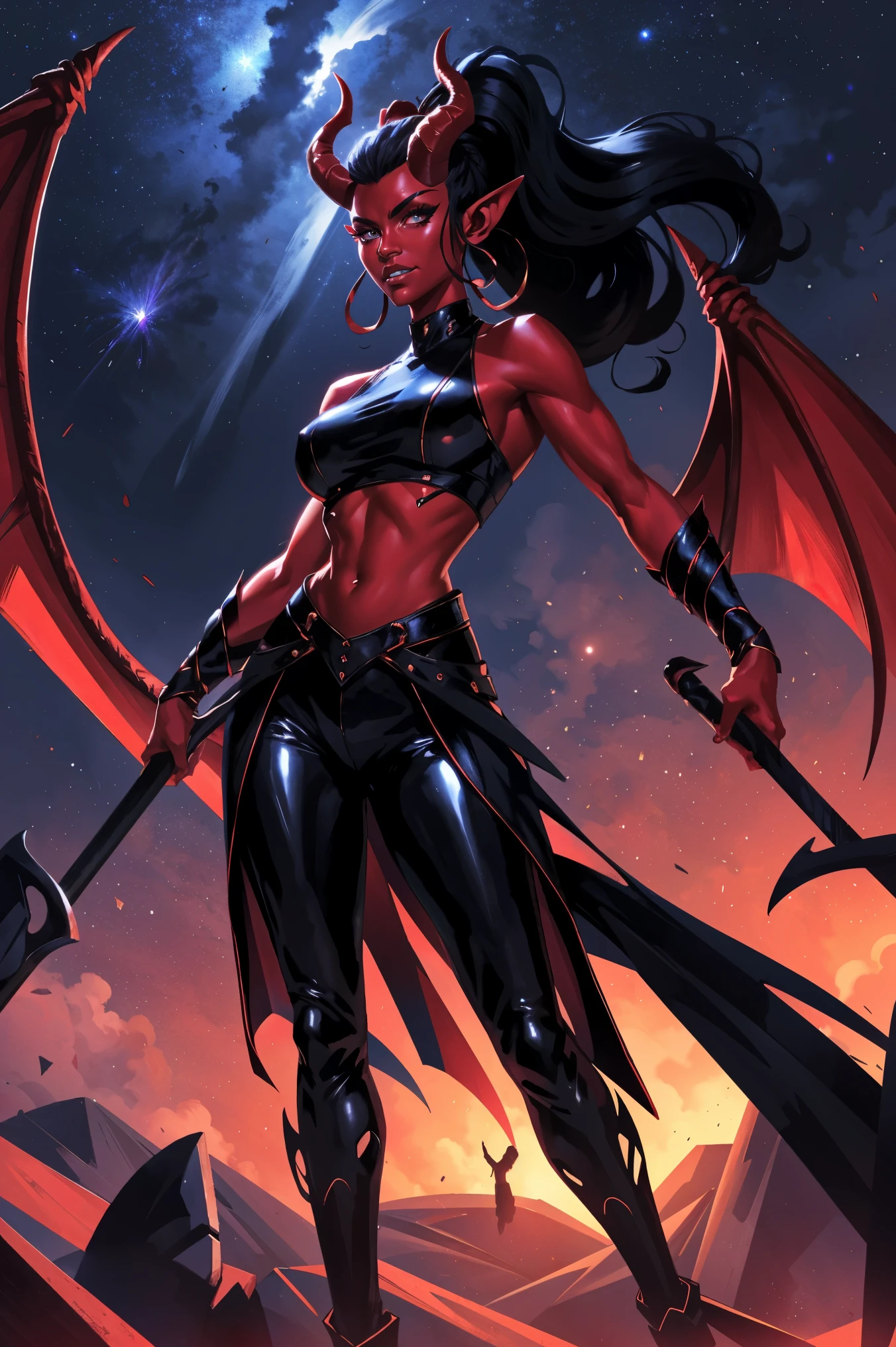 Red skin succubus tiefling, digitigrade legs, full breasts, huge breasts, black horns, wings, huge tail, black leather, crop top, long flowing pelvic curtain, tall, athletic, graceful, thin, long black ponytail. Action scene, whip. Dark scene, explosions, night sky.