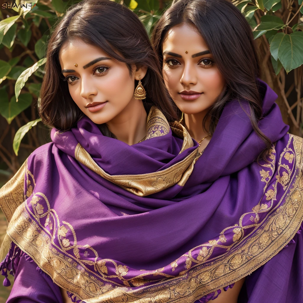 Create Main Image that depicts Brand Story of KHEVANHAAR. A brand of Women 's Shawls & Stoles. Mainly Use Violet & Golden Colour in picture