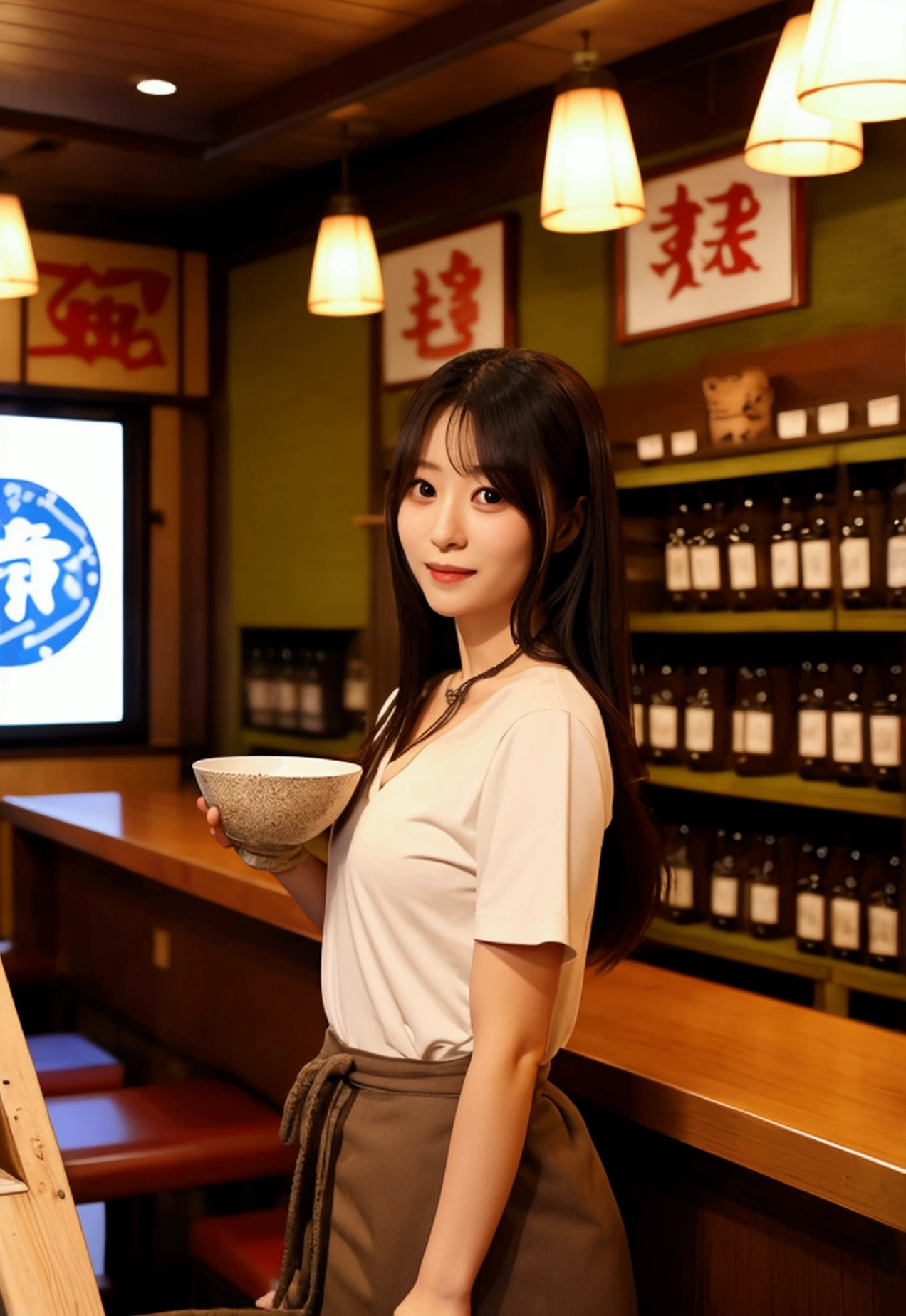 (((Inside an Izakaya at night))), (((The store is crowded))), There are small plates of salad and pasta on the table., Japanese women, Airi Suzumura, 31 years old, 31 years oldの肌, Blood type A, necklace, Height: 152cm, Bust size is 85cm, Her bust is a D cup, The waist size is 57cm, Hip size is 85cm, necklace, (Short sleeve V-neck shirt), (V-neck shirts are stylish for dates)
