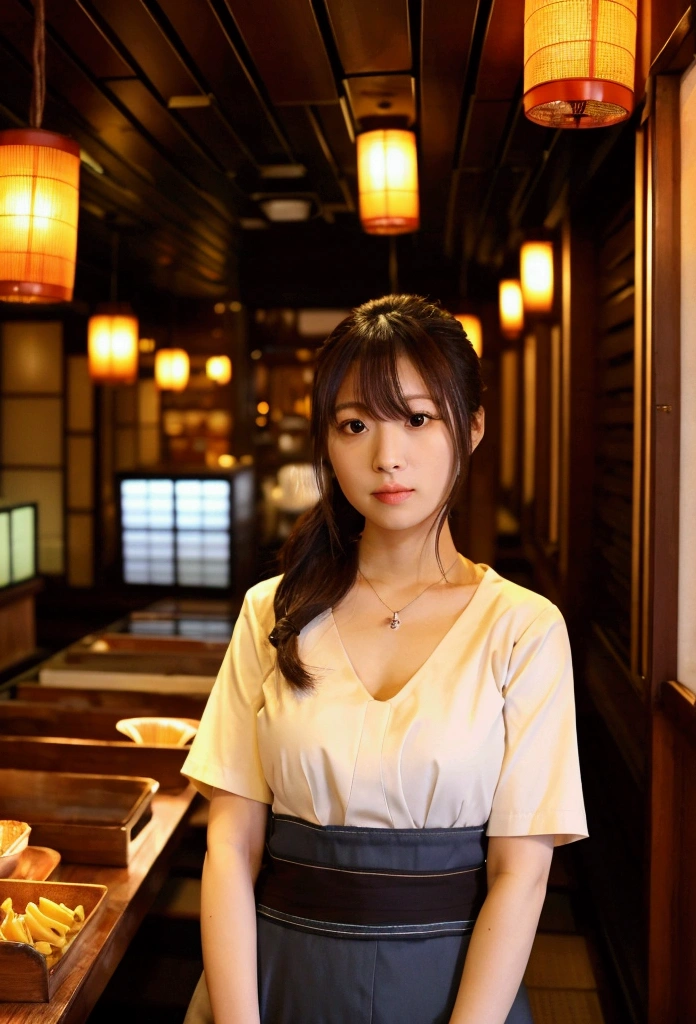 (((Inside an Izakaya at night))), (((The store is crowded))), There are small plates of salad and pasta on the table., Japanese women, Airi Suzumura, 31 years old, 31 years oldの肌, Blood type A, necklace, Height: 152cm, Bust size is 85cm, Her bust is a D cup, The waist size is 57cm, Hip size is 85cm, necklace, (Short sleeve V-neck shirt), (V-neck shirts are stylish for dates)