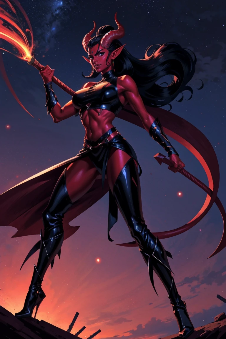 Red skin succubus tiefling, digitigrade legs, full breasts, huge breasts, black horns, wings, huge tail, black leather, crop top, long flowing pelvic curtain, tall, athletic, graceful, thin, long black ponytail. Action scene, whip. Dark scene, explosions, night sky.