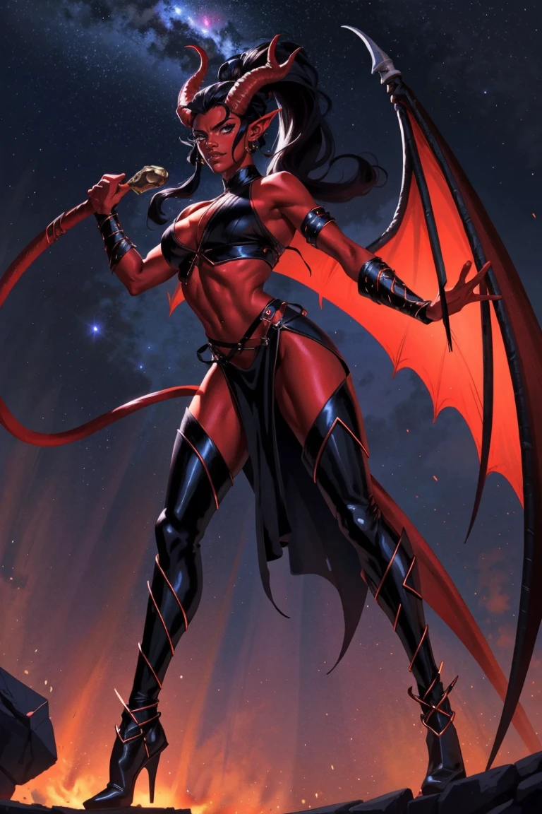 Red skin succubus tiefling, digitigrade legs, full breasts, huge breasts, black horns, wings, huge tail, black leather, crop top, long flowing pelvic curtain, tall, athletic, graceful, thin, long black ponytail. Action scene, whip. Dark scene, explosions, night sky.