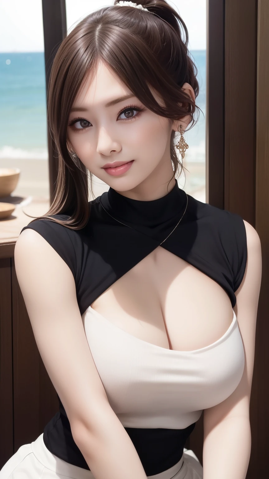 Tabletop、Great light、Beautiful lighting、Heavy eye makeup、Dark eyeliner、((ponytail))、White skin、Revealing clothing、Large Breasts、Huge breasts、A round neck T-shirt that shows off cleavage、hot pants、Gorgeous Accessories、A public resort hotel with an ocean view、smile、かわいいsmile