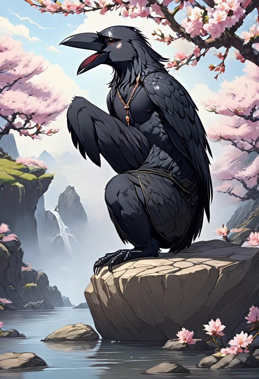 Male crow anthro, beautiful illustration, highly detailed, amazing art, stunning visuals, medieval Japan, sakura blossoms, sitting on a rock, strapping, abs