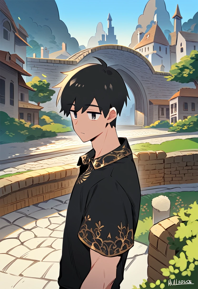 1 young man, focus man , No smile, human, short hair, black hair, dark black eyes ,He wore a black shirt with some gold embroidery. , Wear black jewelry , Fantasy, very detailed, Masterpiece, best quality, very detailed), (((lonely)))) , A man standing on the bridge,There is a medieval town in the background., ((whole body)), (Highly detailed), This scene is very beautiful., Detailed Environment, (Masterpiece).