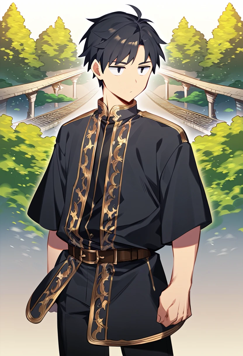1 young man, focus man , No smile, human, short hair, black hair, dark black eyes ,He wore a black shirt with some gold embroidery. , Wear black jewelry , Fantasy, very detailed, Masterpiece, best quality, very detailed), (((lonely)))) , A man standing on the bridge,There is a medieval town in the background., ((whole body)), (Highly detailed), This scene is very beautiful., Detailed Environment, (Masterpiece).