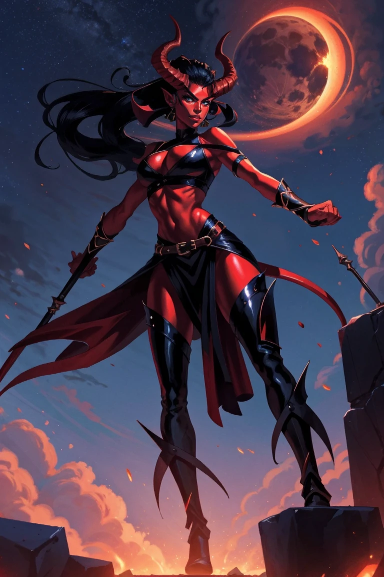 Red skin succubus tiefling, digitigrade legs, full breasts, huge breasts, black horns, wings, huge tail, black leather, crop top, long flowing pelvic curtain, tall, athletic, graceful, thin, long black ponytail. Action scene, whip. Dark scene, explosions, night sky.