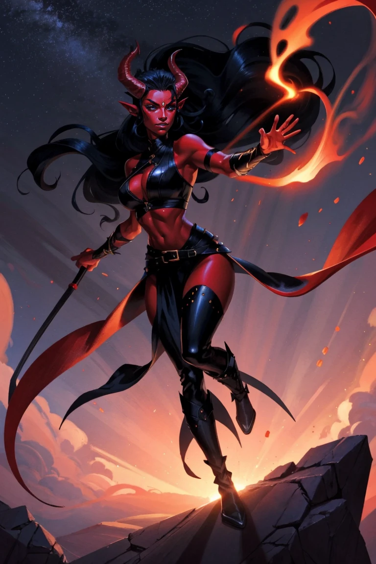Red skin succubus tiefling, digitigrade legs, full breasts, huge breasts, black horns, wings, huge tail, black leather, crop top, long flowing pelvic curtain, tall, athletic, graceful, thin, long black ponytail. Action scene, whip. Dark scene, explosions, night sky.