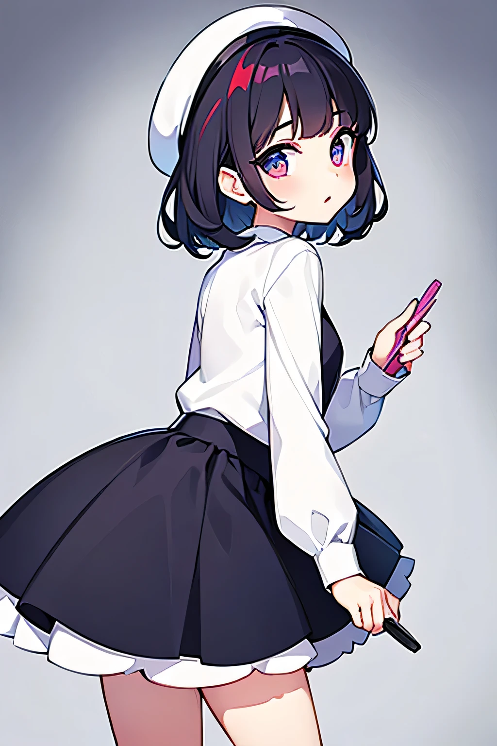 Girl holding makeup tools, The background is pure white , Facing forward . looking at the camera ,Snow White-like girl