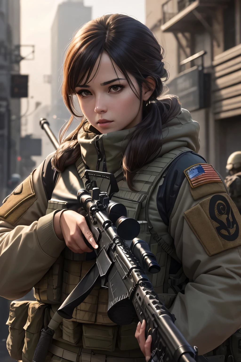 best quality, 8k, high resolution, detailed, realistic, woman sniper, special troops, holding an AWM sniper, muscular, 