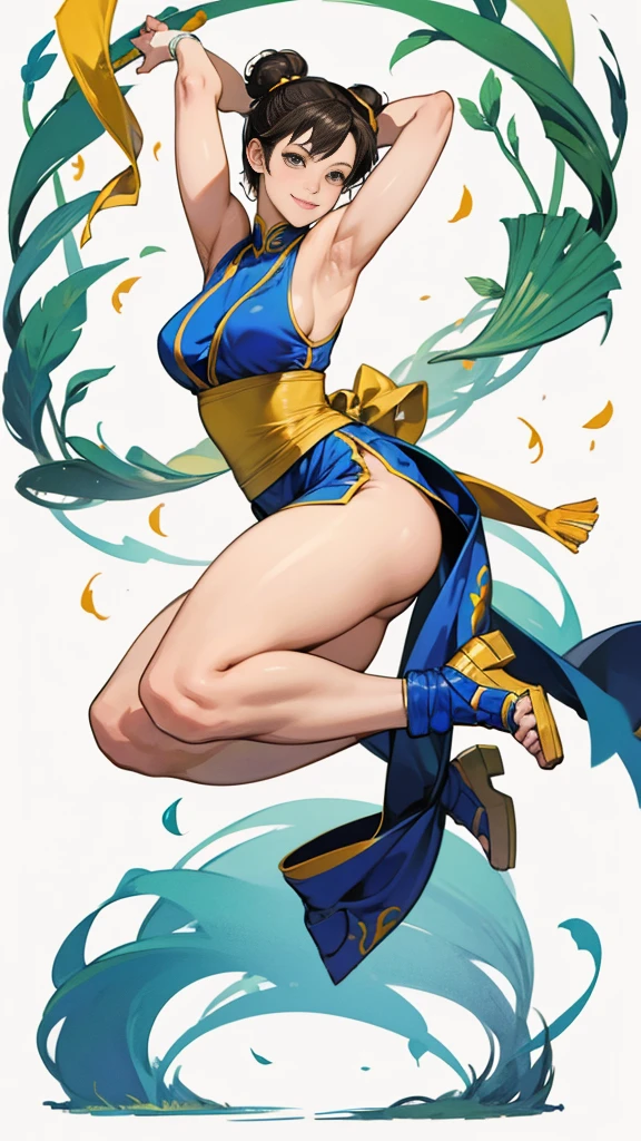 street fighter chun li, showing armpits and pussy, smiling, full body. Leaves, grade background.