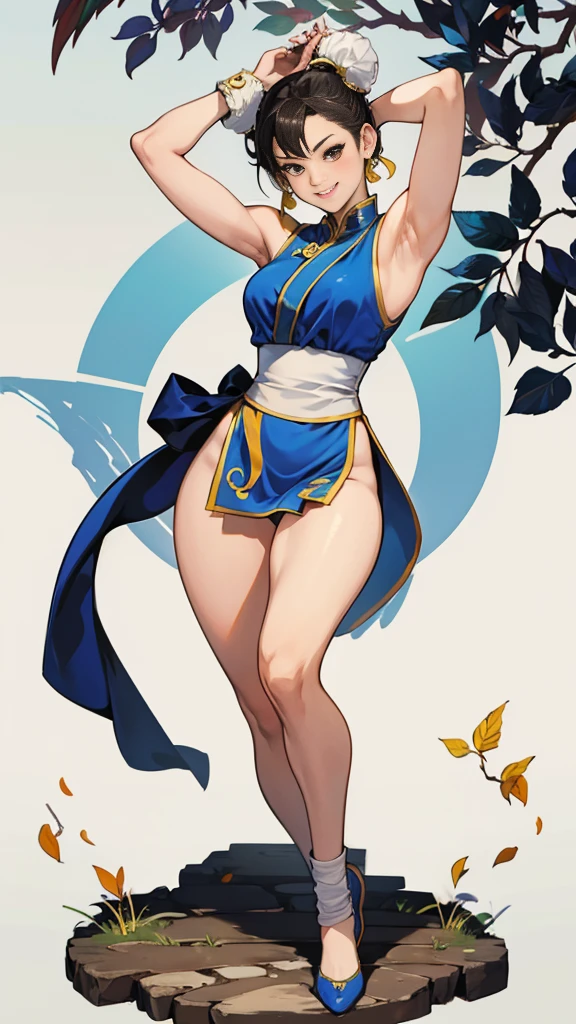 street fighter chun li, showing armpits and pussy, smiling, full body. Leaves, grade background.