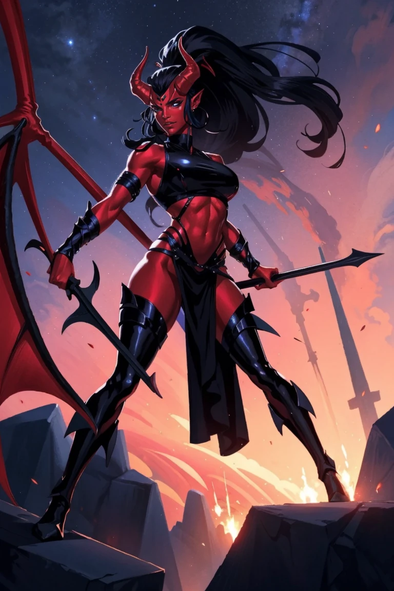 Red skin succubus tiefling, digitigrade legs, full breasts, huge breasts, black horns, wings, huge tail, black leather, crop top, long flowing pelvic curtain, tall, athletic, graceful, thin, long black ponytail. Action scene, whip. Dark scene, explosions, night sky.