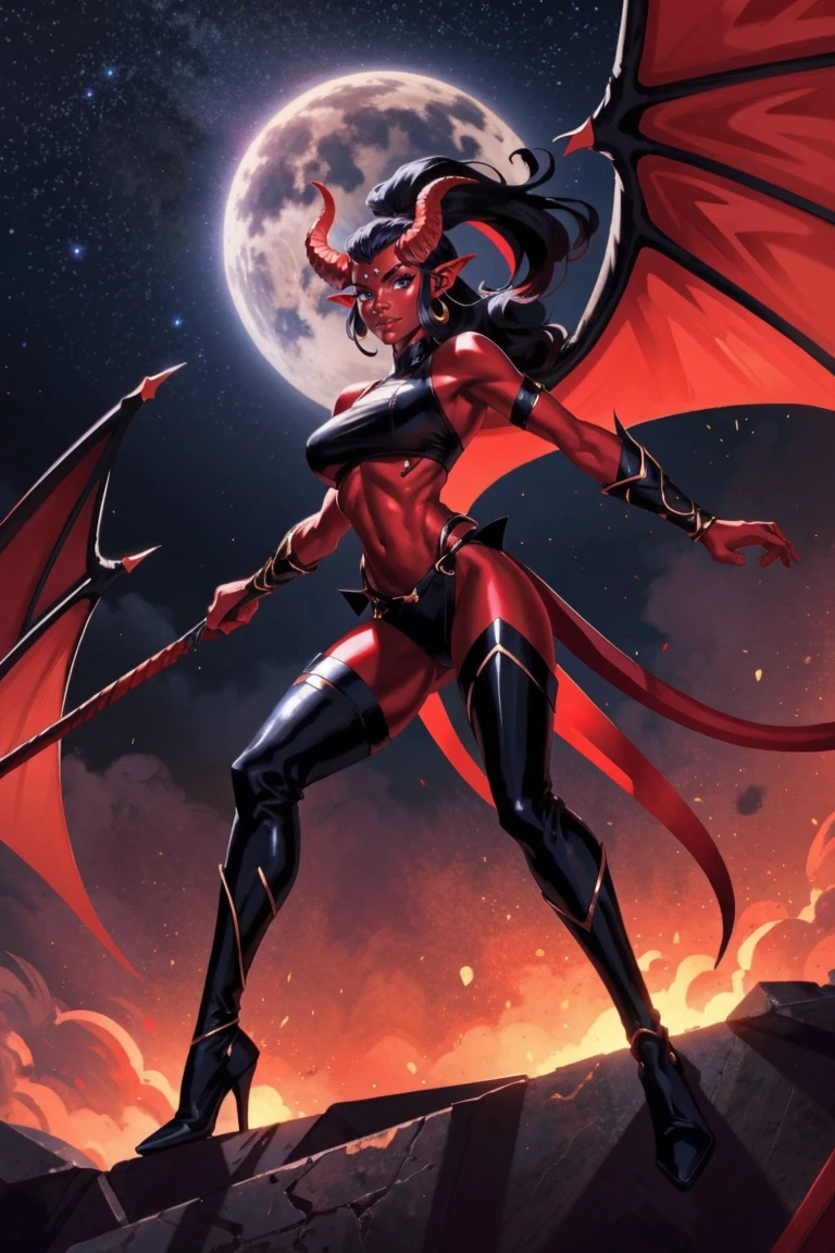 Red skin succubus tiefling, digitigrade legs, full breasts, huge breasts, black horns, wings, huge tail, black leather, crop top, long flowing pelvic curtain, tall, athletic, graceful, thin, long black ponytail. Action scene, whip. Dark scene, explosions, night sky.