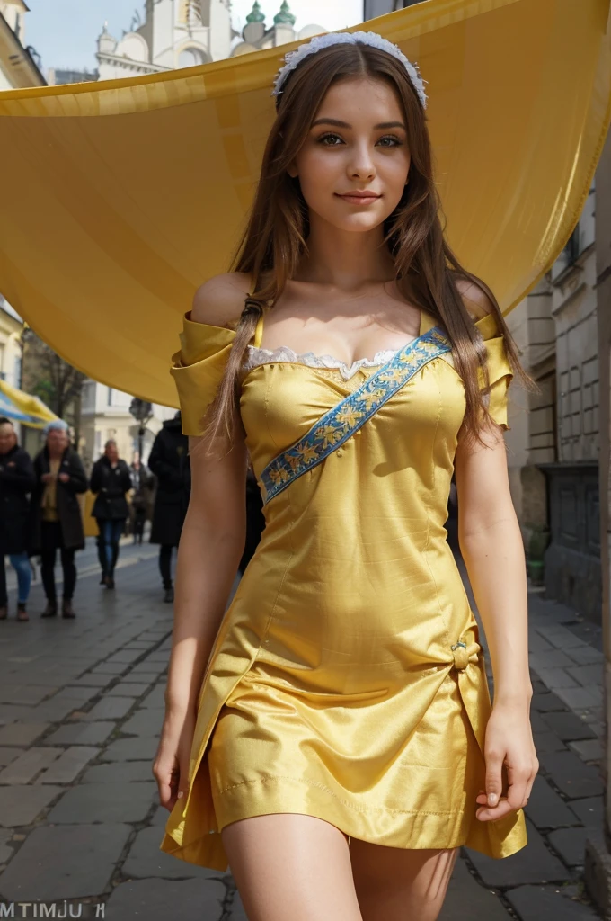 femme ukrainienne, corps entier, beau visage, jolie corps, (robe traditionel), smirk, (drapeau Ukrainien en fond), ((dans la ville de Lviv)),grande place de l'opéra