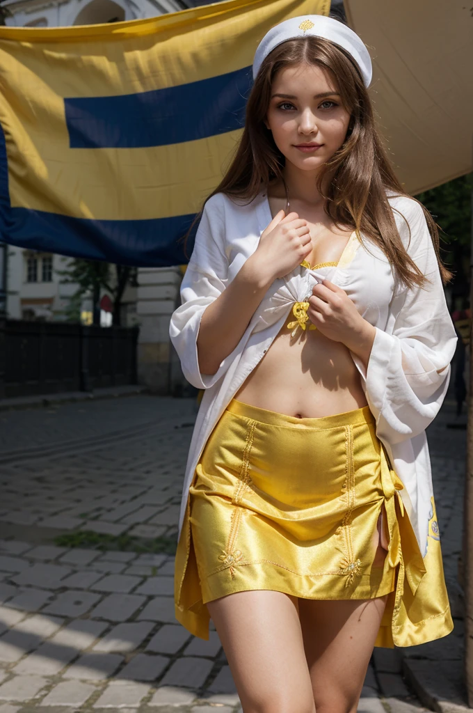 femme ukrainienne, corps entier, beau visage, jolie corps, (robe traditionel), smirk, (drapeau Ukrainien en fond), ((dans la ville de Lviv)),grande place de l'opéra