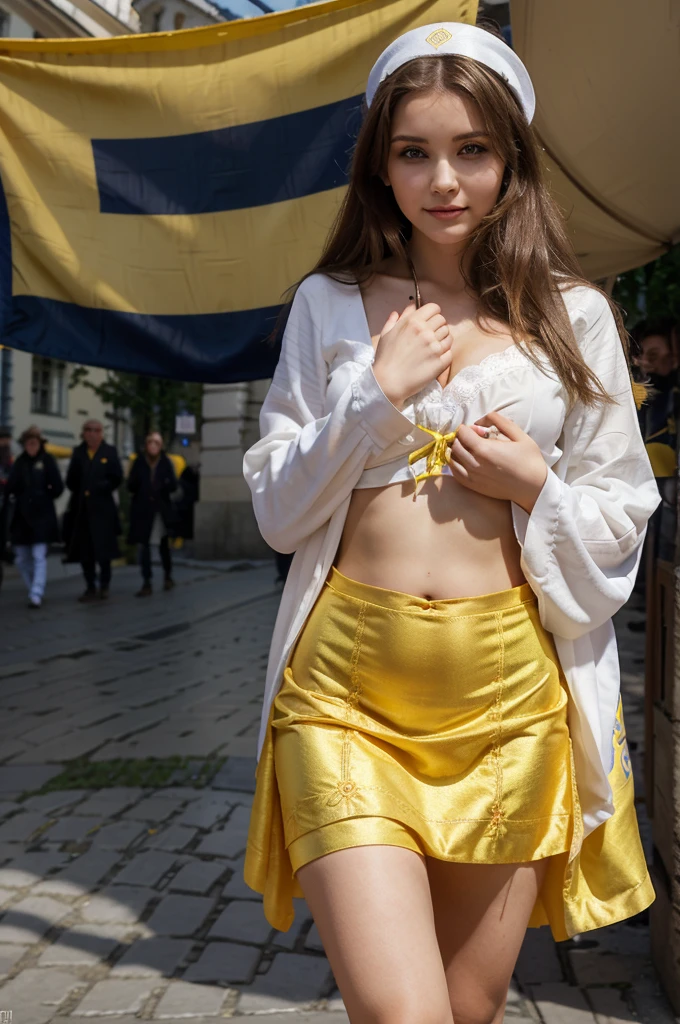 A cute and sexy Russian girl age 15 years old full naked perfectly shaped belly and  adult picture wearing transparent cloth with collar and showing her sexy figure and her belly button cinematic realistic hyper realistic higher resolution portrait photo with full detail