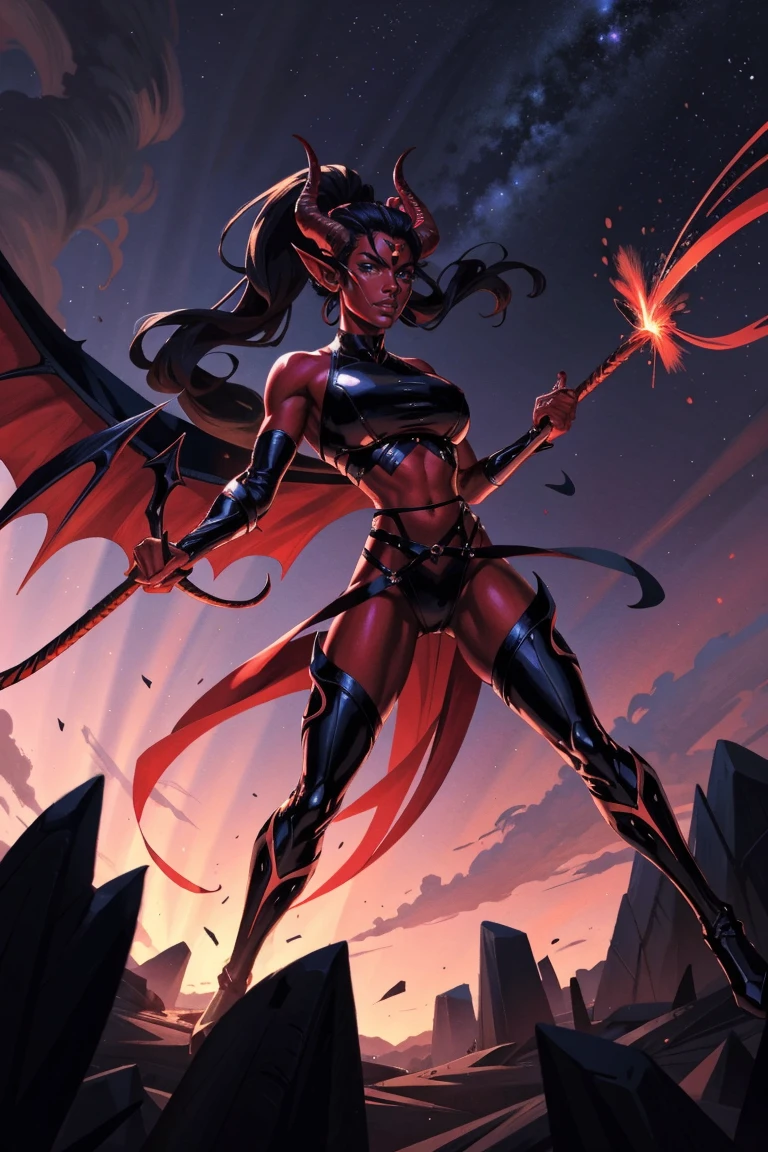 Red skin succubus tiefling, medium breasts, black horns, wings, huge tail, black leather, tall, toned, graceful, thin, long black ponytail. Action scene, shotgun.