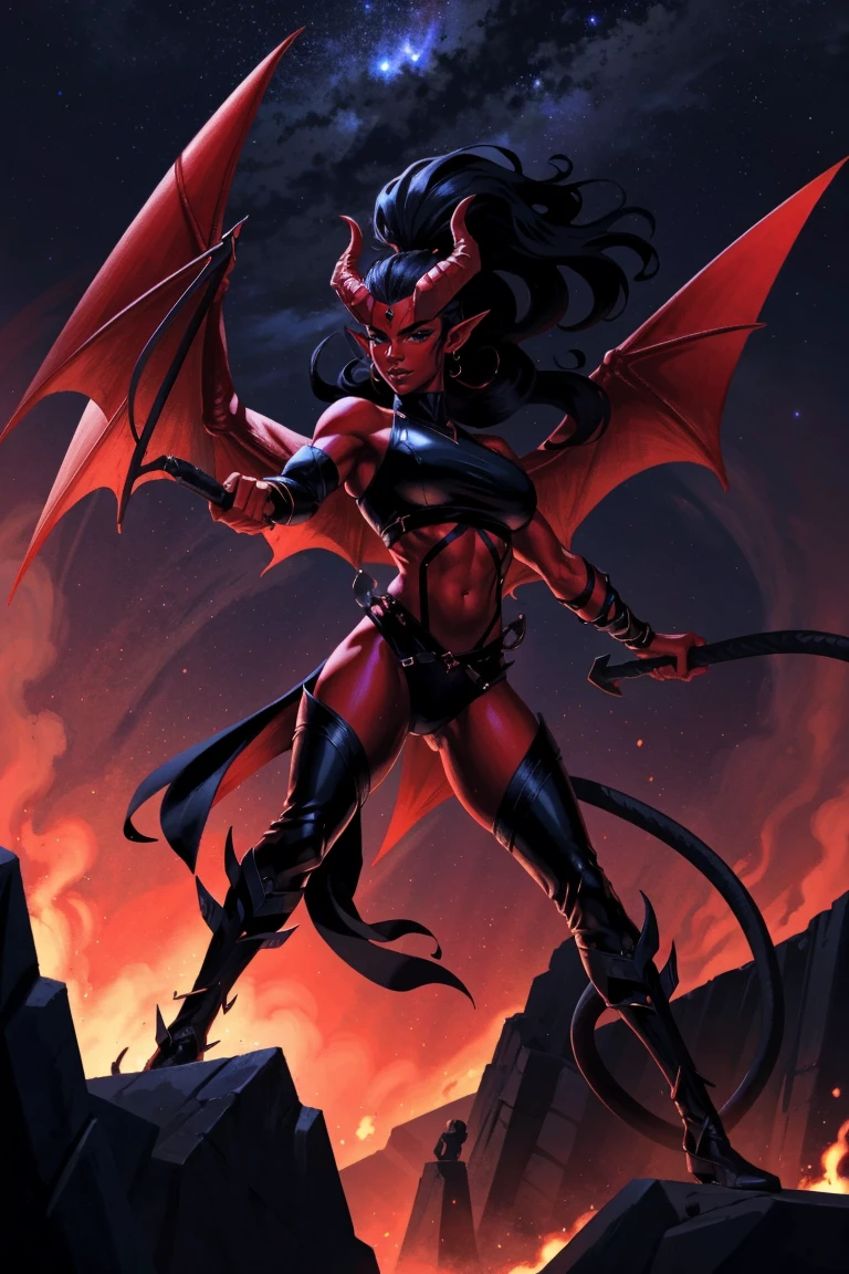 Red skin succubus tiefling, digitigrade legs, full breasts, huge breasts, black horns, wings, huge tail, black leather, crop top, long flowing pelvic curtain, tall, athletic, graceful, thin, long black ponytail. Action scene, whip. Dark scene, explosions, night sky.