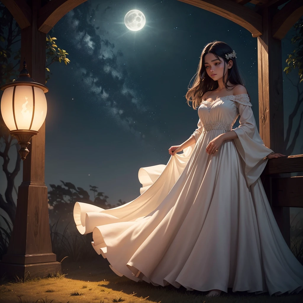 Under the canopy of a star-strewn sky, she stood alone on the edge of a tranquil meadow. The scene, captured with the utmost clarity and detail by a state-of-the-art camera, revealed every nuance of the moment. Her silhouette, framed by the silvery glow of the moon, faced away from me, her dark hair softly tousled by the gentle night breeze. The grass beneath her bare feet was cool and damp with dew, each blade meticulously rendered in the high-resolution image taken with a Nikon D850.
With one hand lightly resting on a weathered wooden fencepost, she leaned forward ever so slightly, her gaze fixed on the luminous orb suspended high above. The night around her was alive with the symphony of crickets and the occasional whisper of leaves stirring in the wind.
She wore a simple nightgown that flowed softly around her ankles, its fabric catching the moonlight in a delicate shimmer. The gown added to the ethereal quality of the scene, accentuating her connection to the tranquil night.
The moon bathed everything in its serene glow, casting long shadows that danced playfully around her. Her presence seemed both ethereal and rooted in the earth beneath her, as if she were a part of the nocturnal landscape that unfolded around her.
In that quiet moment, it felt as though she held a secret conversation with the moon itself, lost in contemplation or perhaps seeking solace under its celestial embrace. The world stood still, enveloped in the magic of the night, as she stood there, a solitary figure captivated by the beauty of the lunar spectacle.