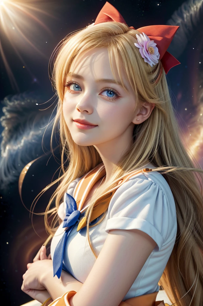 (masterpiece, Highest quality; 1.3), Very detailedCG, Very detailed, 1 girl, alone, smile, Looking at the audience, Stylish angle, Long blonde hair, blue eyes, sv1, Sailor suit, Orange Skirt, Elbow hand pockets, tiara, Orange sailor collar, Red Bow, Orange Necklace, White gloves, jewelry, Many Hearts, Face focus, Venus, tornado, Abstract background, Storm of the Heart, Stop beam, Heart Bubbles, Heart Bus, Stop Star, Heart Flower, Heart Lamp, The world of the heart, Heart Background, Galaxy Background, Heart Weapon, Heart Halo,
