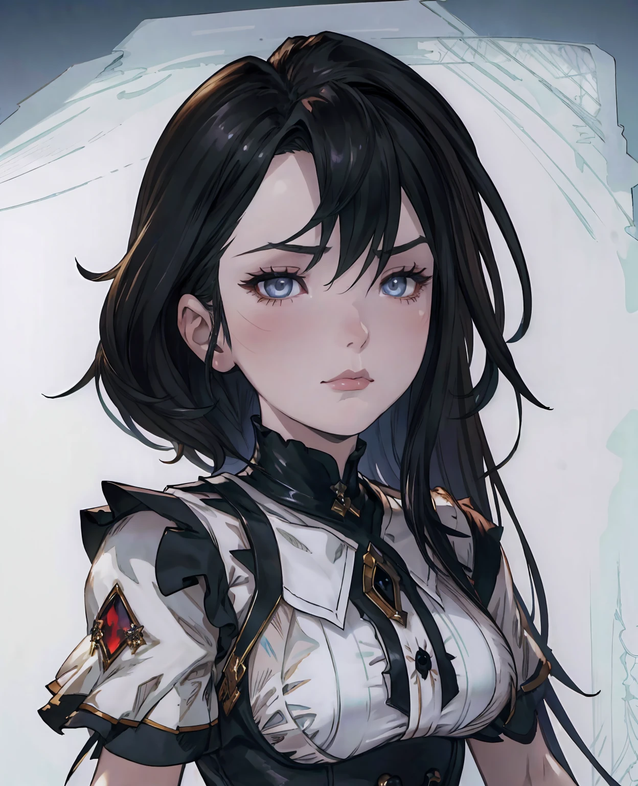 A beautiful young woman with long black hair, pale skin, and dark beautiful eyes, her face like a doll, wearing a maid uniform with a concerned expression, intricate details, realistic, photorealistic, hyper detailed, 8k, masterpiece, cinematic lighting, dramatic colors, chiaroscuro, elegant, ethereal, moody