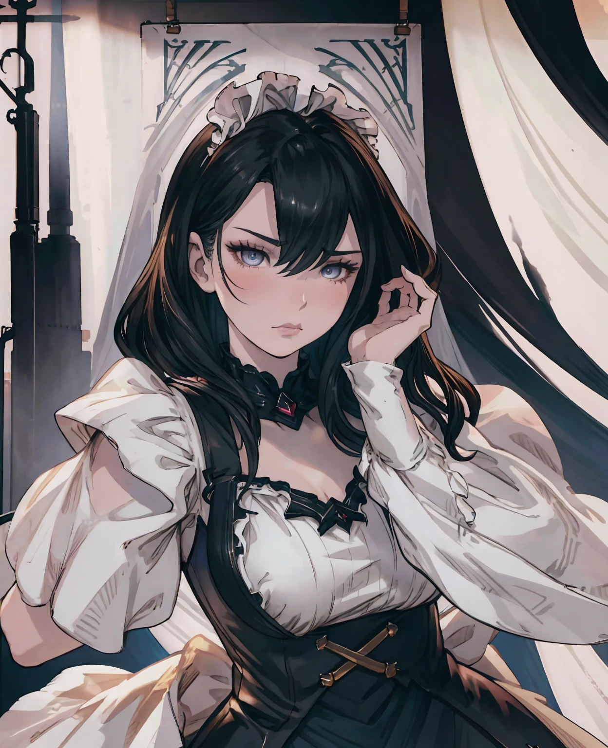 A beautiful young woman with long black hair, pale skin, and dark beautiful eyes, her face like a doll, wearing a maid uniform with a concerned expression, intricate details, realistic, photorealistic, hyper detailed, 8k, masterpiece, cinematic lighting, dramatic colors, chiaroscuro, elegant, ethereal, moody