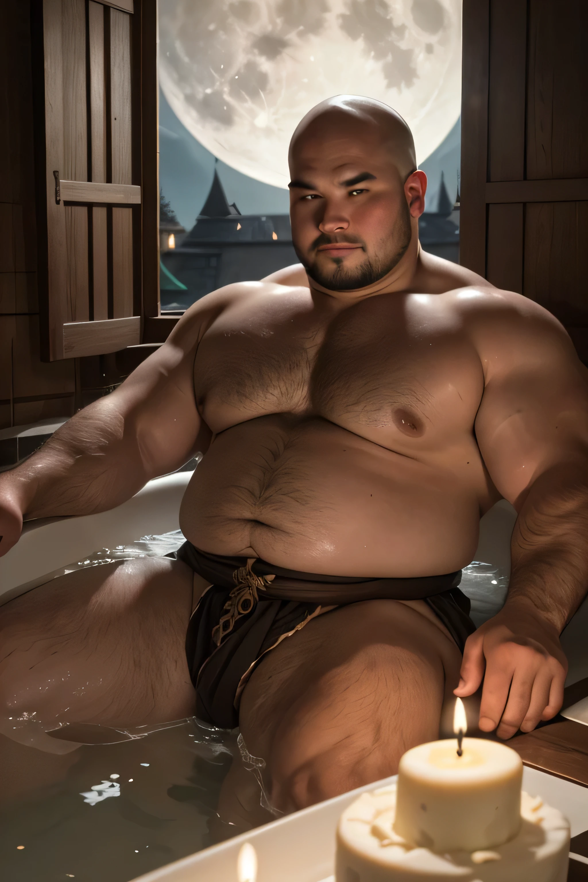 (8K, high definition, high quality, highly detailed) Handsome bald Chinese chub. obese. big tummy. bathing in a bathtub. wearing a loincloth. medieval style. d & d style. green and brown color palette. candles around the bathtub. a birthday cake with candles. a window behind him. evening. full moon. blurred background