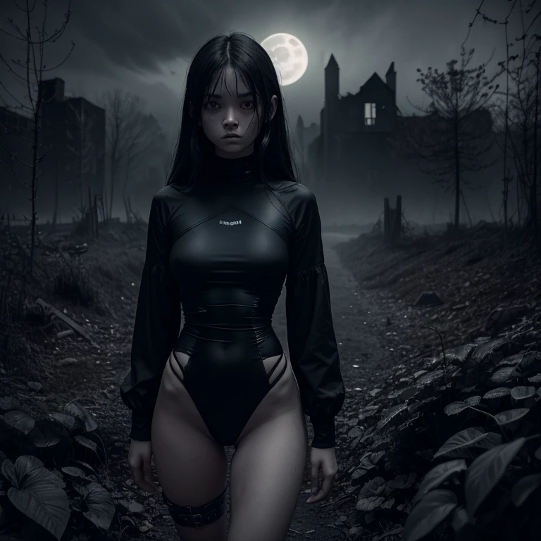 A girl wearing a black high-cut swimsuit that exudes a dark atmosphere, Emanating a fearsome presence. take care of, Her aura is very strong、If you see it, you will die. What's included in your artwork?、A girl in a black high-cut swimsuit is depicted in a garden setting..。, Surrounded by ruins, Emphasize the creepy and eerie atmosphere. The artistic medium is detailed and intricate illustrations, Photorealistic rendering and attention to detail. Colour saturation decreases, Dark and cool colors dominate, Increases ominous and unsettling mood. The lighting in the scene is dark and eerie.., The moonlight casts eerie shadows on the landscape. Artwork that captures a girl&#39;Face, Highlighting her beautiful yet fearsome eyes, Detailed lips, Long eyelashes, It exudes otherworldly charm and dark power..