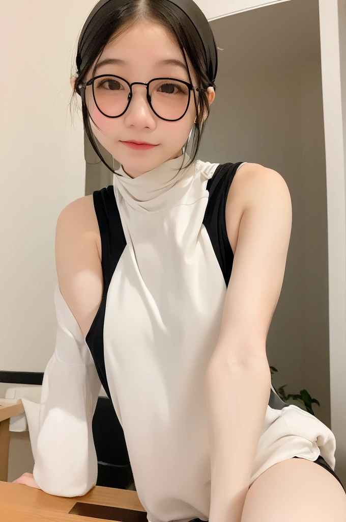 (masterpiece, Highest quality, It captures a very cute moment, Depth of written boundary, Super detailed, Ultra-high resolution, C4D, Octadale, 3D Modeling,Realistic human photos、 8k, 16K, One Girl,, 、Small breasts,Black Hair,short hair,Straight Hair,Light brown eyes,White headband,Wearing black glasses,Cute Face), Bloomers, Black tank top, zettai ryouiki, Wet clothes,Classroom Nights,Moonlight, Good elevator, Take off、Real-life skin、Not an anime、Realistic、