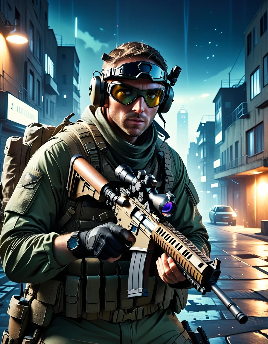 a highly detailed photorealistic military sniper in a tactical combat scenario, realistic tactical gear, NVG night vision goggles, extreme precision sniper rifle, dramatic lighting, tense action pose, gritty urban environment, cinematic composition, muted color palette, photorealistic rendering, 8k, best quality