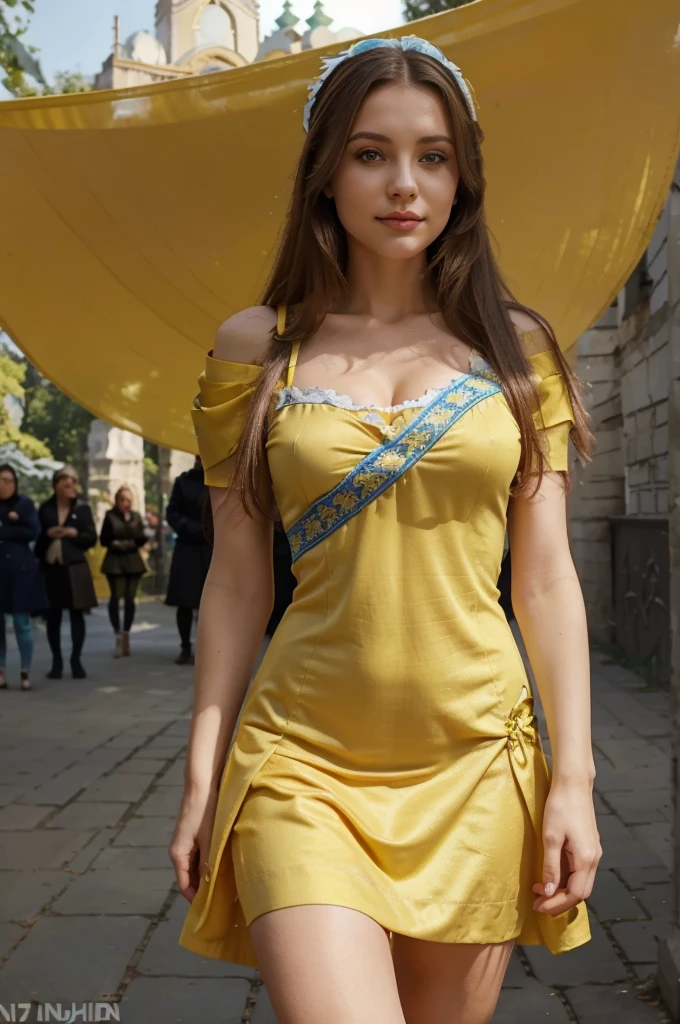 Ukrainian woman, full body, nice face, jolie corps, ((dress with blue top and yellow bottom)), smirk, (((in a large park with an opera)))