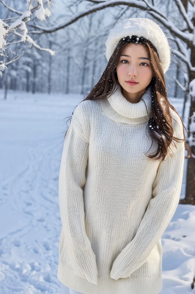 (masterpiece:1.35),(best-quality:1.4),8k,ultra-detailed,photography,(ultra-realistic:1.4), adult girl, long hair, sweater, snowing background,