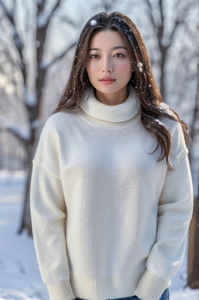 (masterpiece:1.35),(best-quality:1.4),8k,ultra-detailed,photography,(ultra-realistic:1.4), adult girl, long hair, sweater, snowing background,