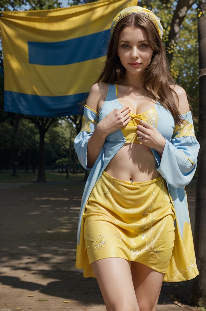 Ukrainian woman, full  body, nice face, jolie corps, ((dress with blue top and yellow bottom)), smirk, (((in a large park with an opera)))