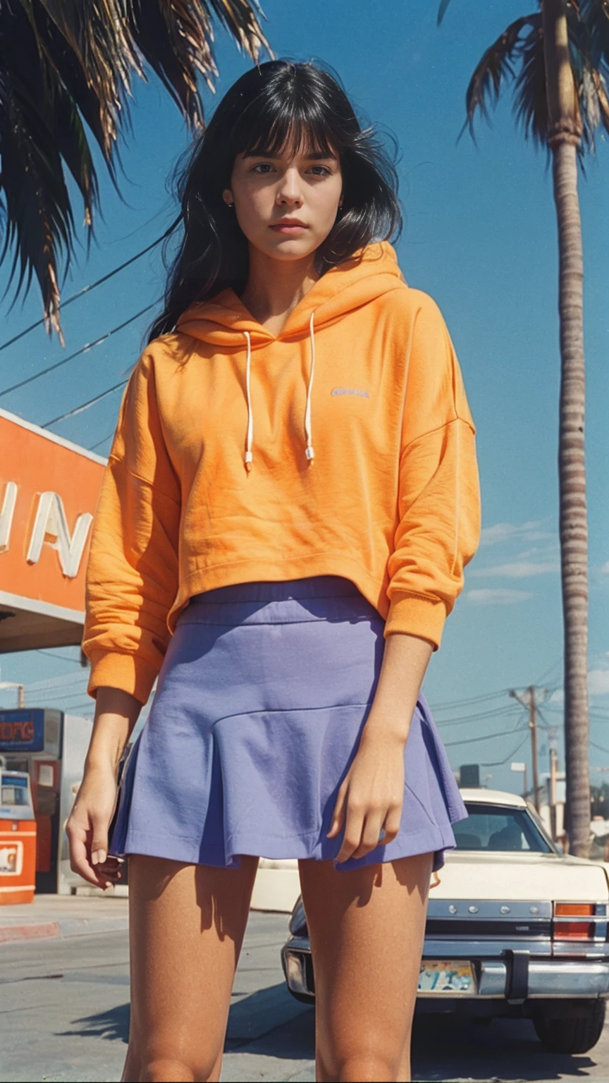 ((medium shot cimematic portrait)) one of cute 23 yo girl, natural medium breast,wear ((orange oversized_hoodie)), wear ((purple tennis skirt)),looking front,Best Quality,Masterpiece,Ultra High Resolution,(Realisticity:1.4),Original Photo, 1Girl, light leak,ultra high resolution,UHD,beautiful, (black straight hair), almond eye, no makeup, in front of ((80's colorful gas station)), (realistic:1.2), (very detailed:1.1), ((masterpiece)),summer, blue sky, palm trees,sunny, los angles vibes,film camera, 800mm lens,style of Philip Lorca diCorcia