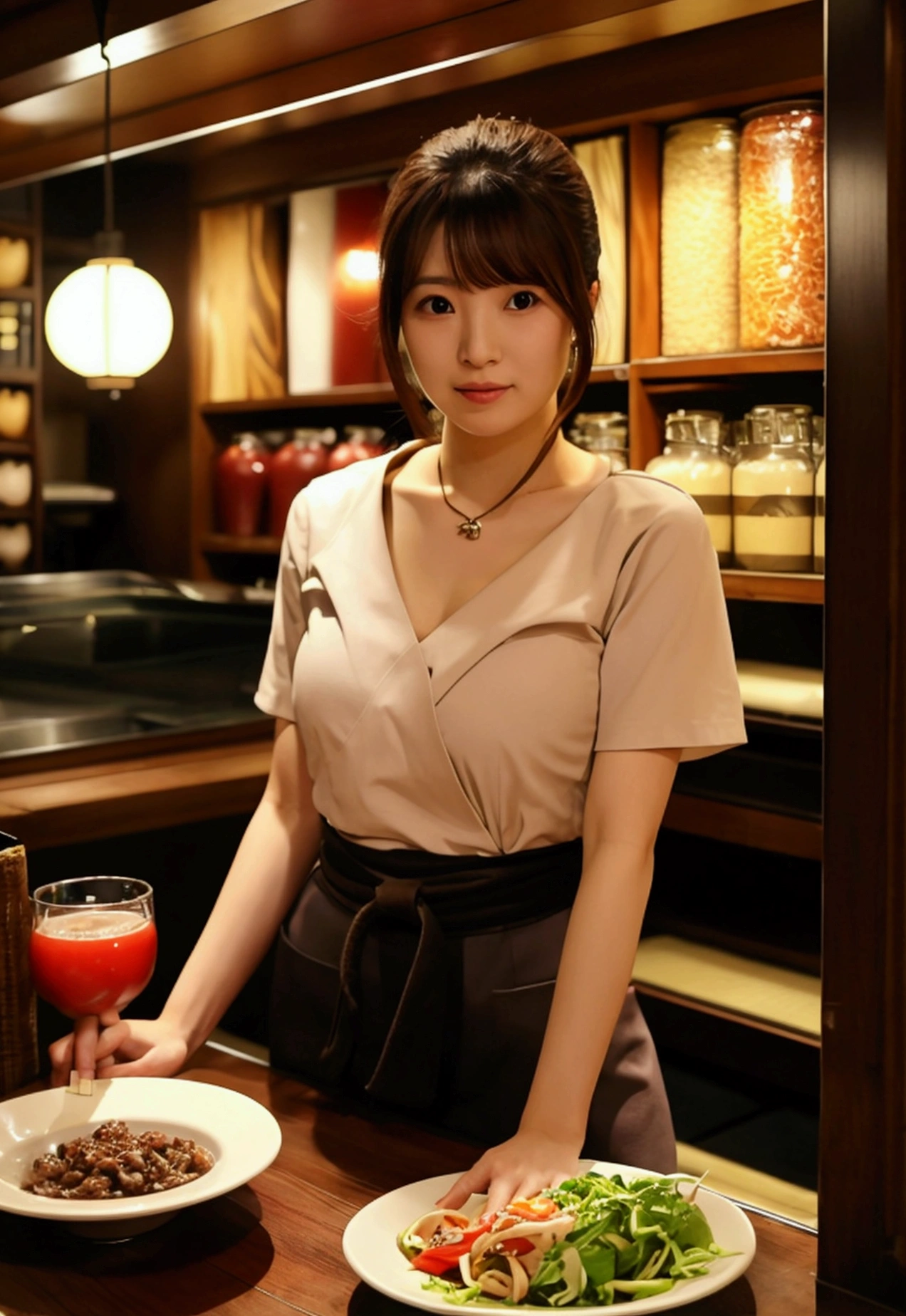 (((Inside an Izakaya at night))), (((The store is crowded))), There are small plates of salad and pasta on the table., Japanese women, Airi Suzumura, 31 years old, 31 years oldの肌, Blood type A, necklace, Height: 152cm, Bust size is 85cm, Her bust is a D cup, The waist size is 57cm, Hip size is 85cm, necklace, (Short sleeve V-neck shirt), (V-neck shirts are stylish for dates)