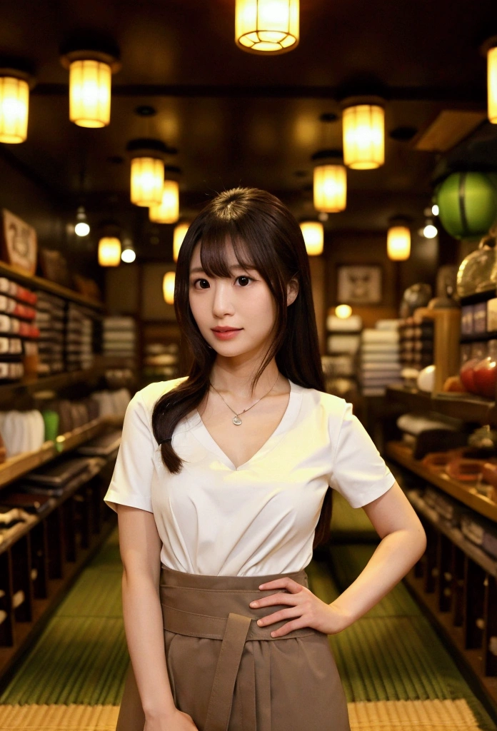 (((Inside an Izakaya at night))), (((The store is crowded))), There are small plates of salad and pasta on the table., Japanese women, Airi Suzumura, 31 years old, 31 years oldの肌, Blood type A, necklace, Height: 152cm, Bust size is 85cm, Her bust is a D cup, The waist size is 57cm, Hip size is 85cm, necklace, (Short sleeve V-neck shirt), (V-neck shirts are stylish for dates)